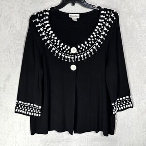 NWT TanJay Beaded Embellished Textured Knit Cardigan Top Black White Size XL Y2K